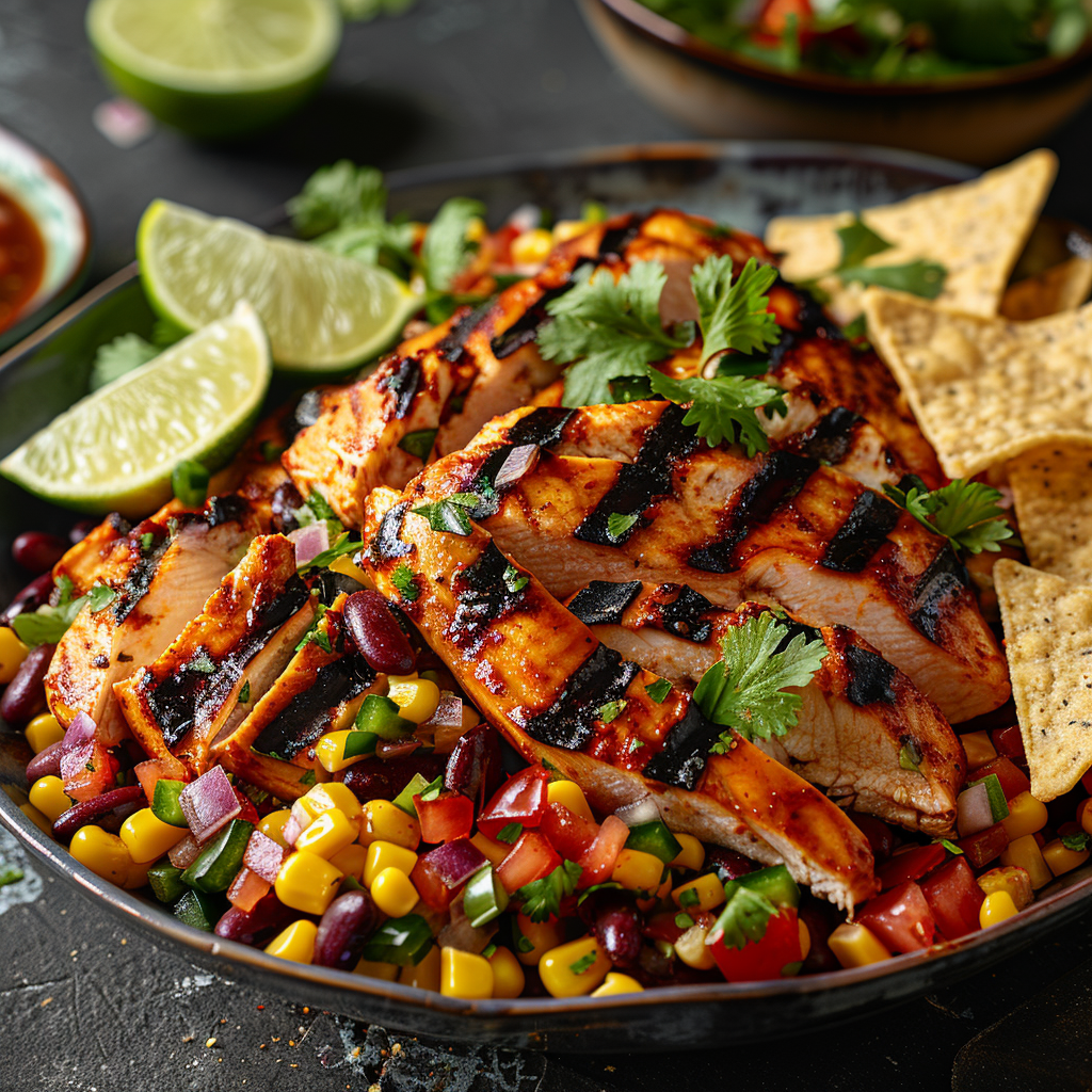 grilled chipotle chicken and corn dense bean salad